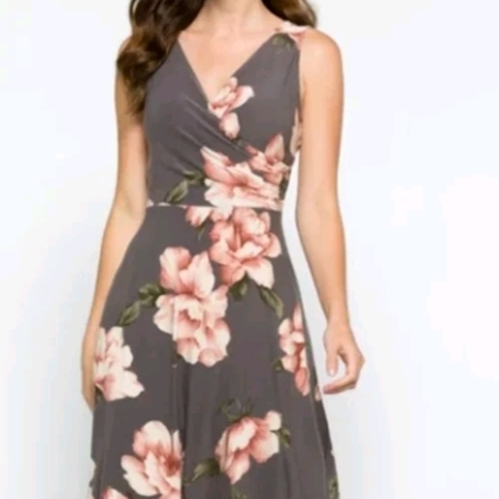 Kaileigh Gray Floral Midi Dress A Line NWT